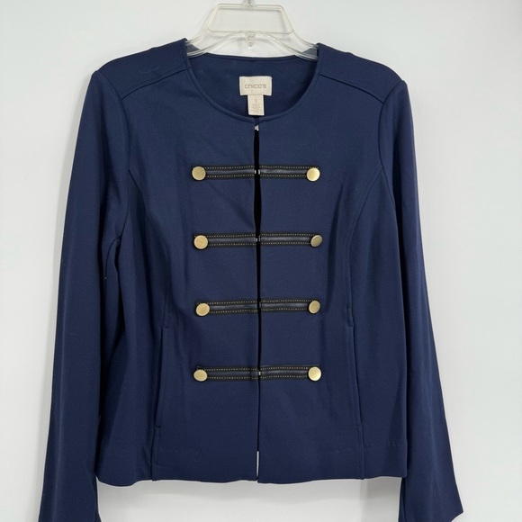 Chicos women Blazer jacket navy blue military Size 1 (M) Rayon gold buttons - Picture 3 of 8